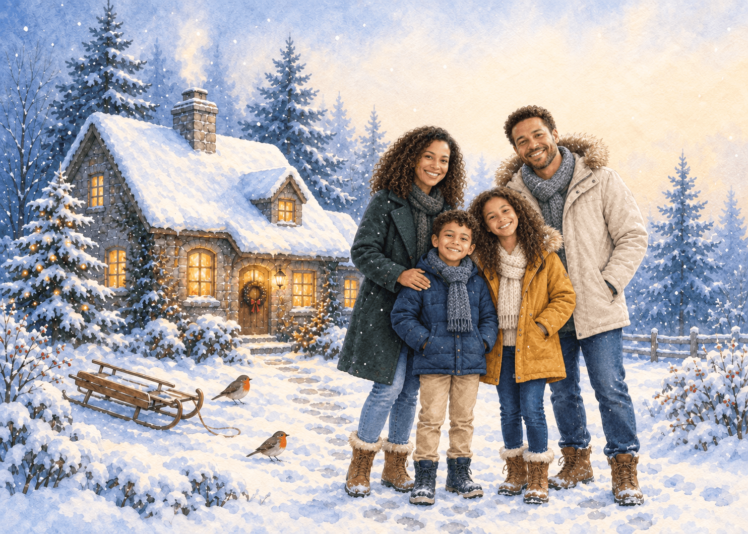 Snowy Cottage AI photo-card example: a family of four in the corresponding illustrated scene