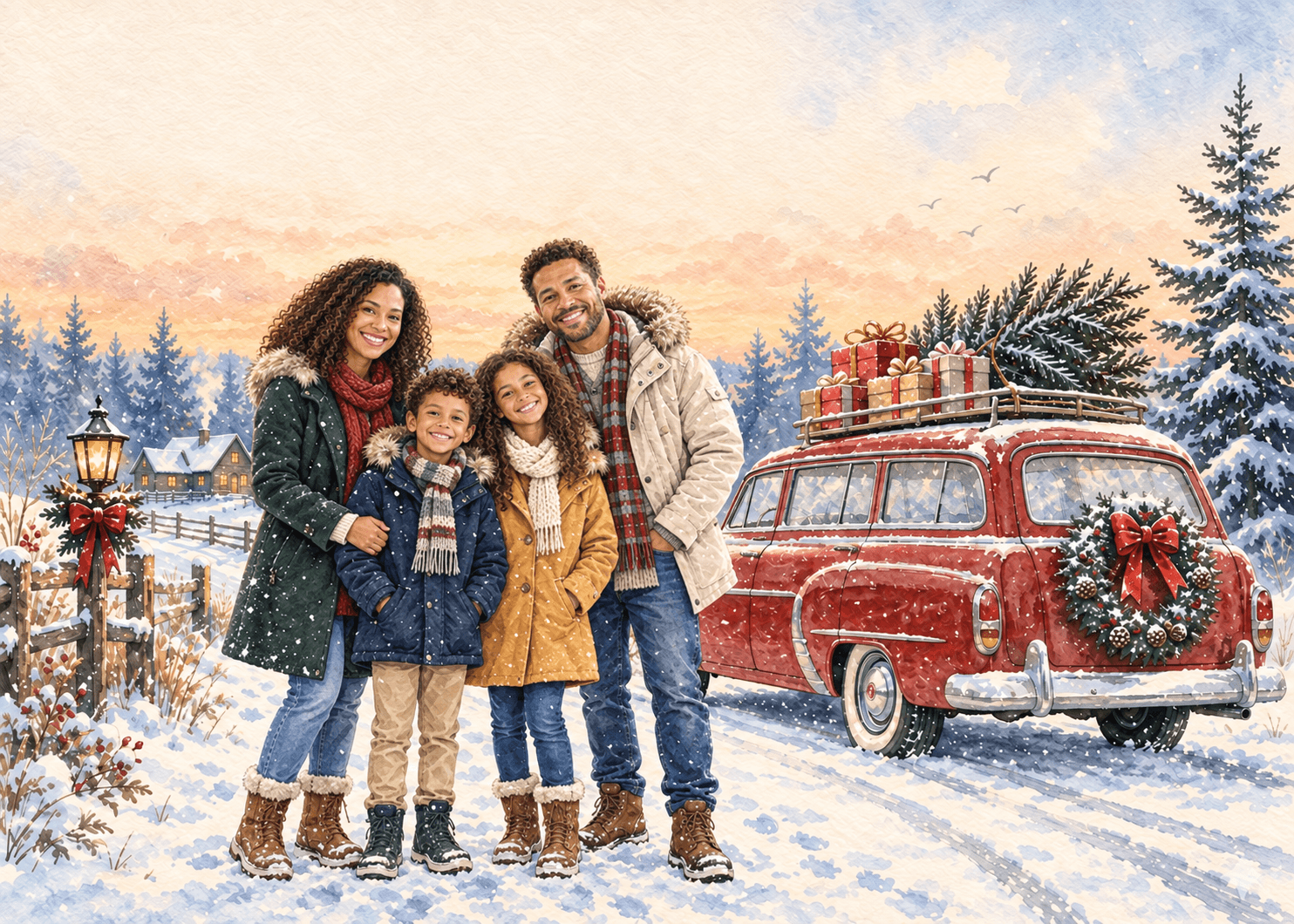 Christmas Delivery AI photo-card example: a family of four in the corresponding illustrated scene