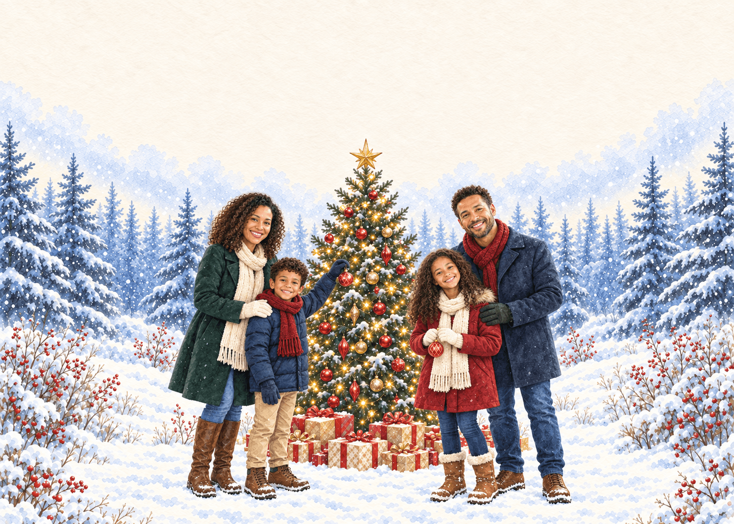 Winter Forest Tree AI photo-card example: a family of four in the corresponding illustrated scene