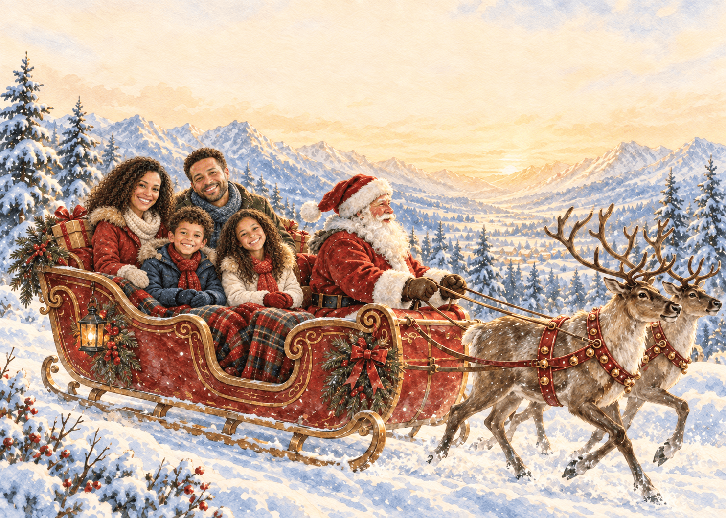 Mountain Sleigh Ride AI photo-card example: a family of four in the corresponding illustrated scene