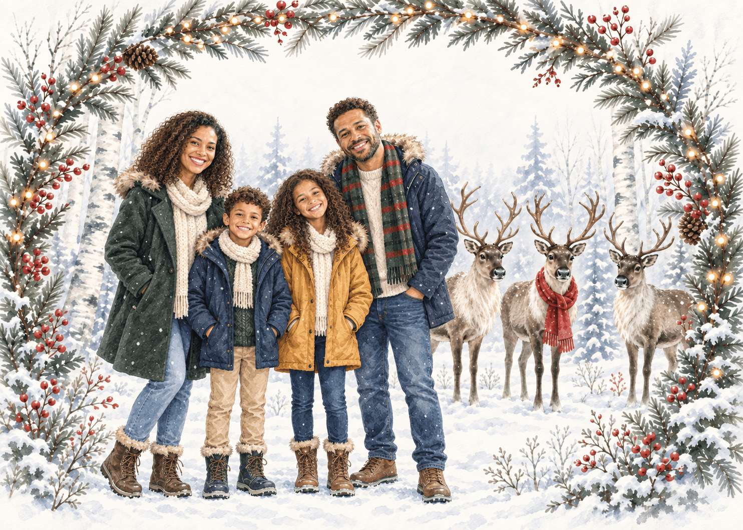 Winter Reindeer AI photo-card example: a family of four in the corresponding illustrated scene