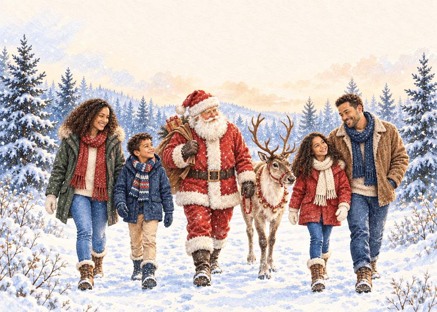 Santa's Winter Walk AI photo-card example: a family of four in the corresponding illustrated scene