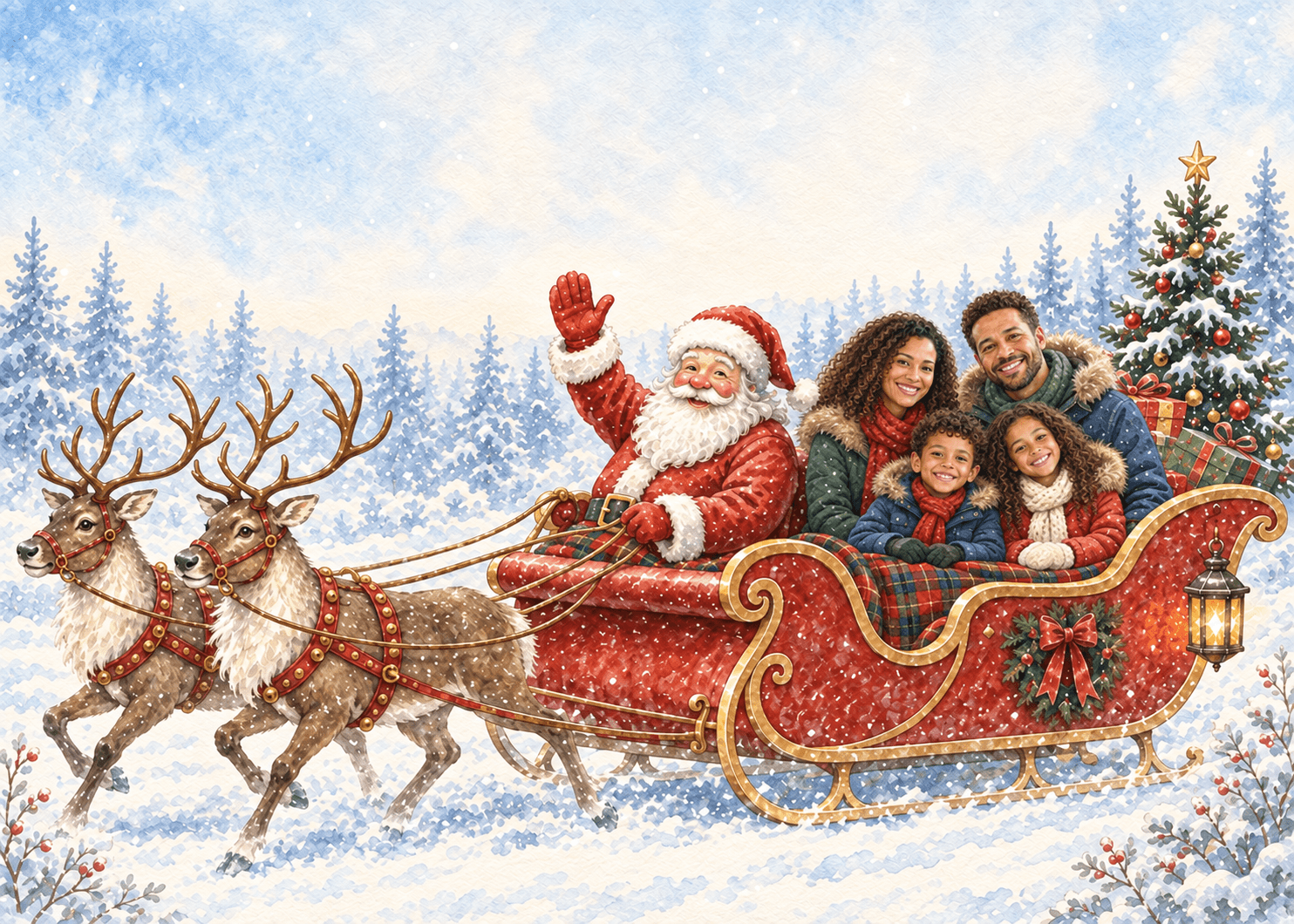 Santa's Christmas Ride AI photo-card example: a family of four in the corresponding illustrated scene