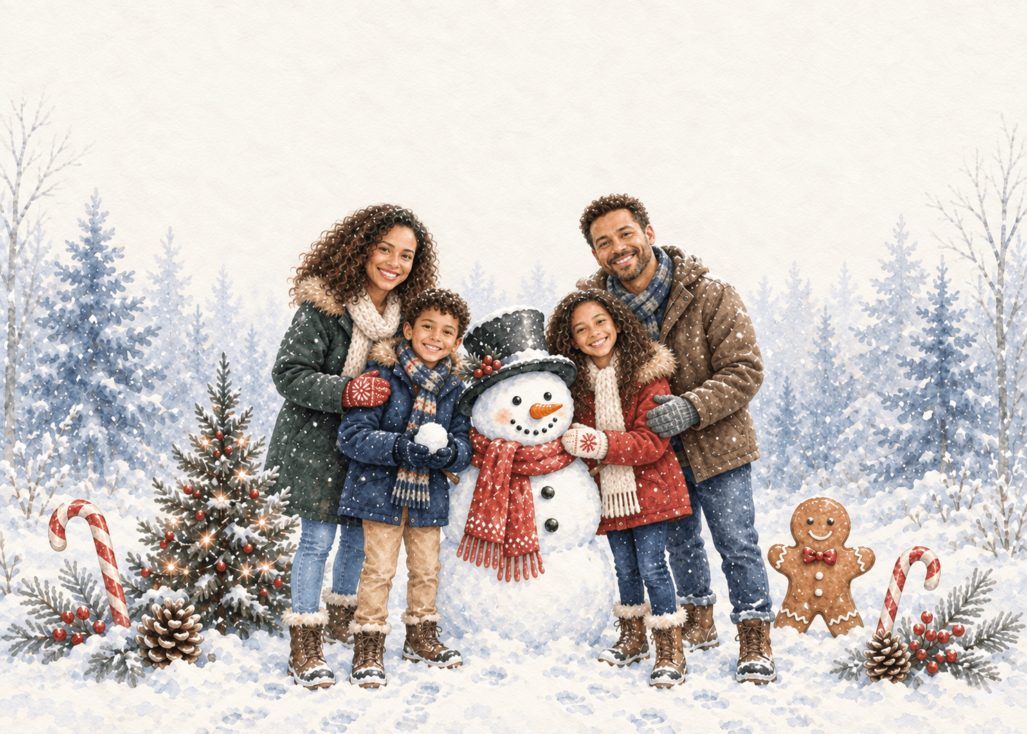 Snowman in the Forest AI photo-card example: a family of four in the corresponding illustrated scene