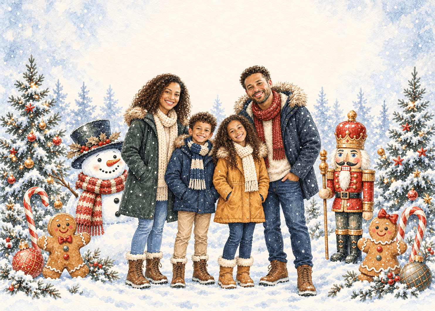 Snowman Wishes AI photo-card example: a family of four in the corresponding illustrated scene