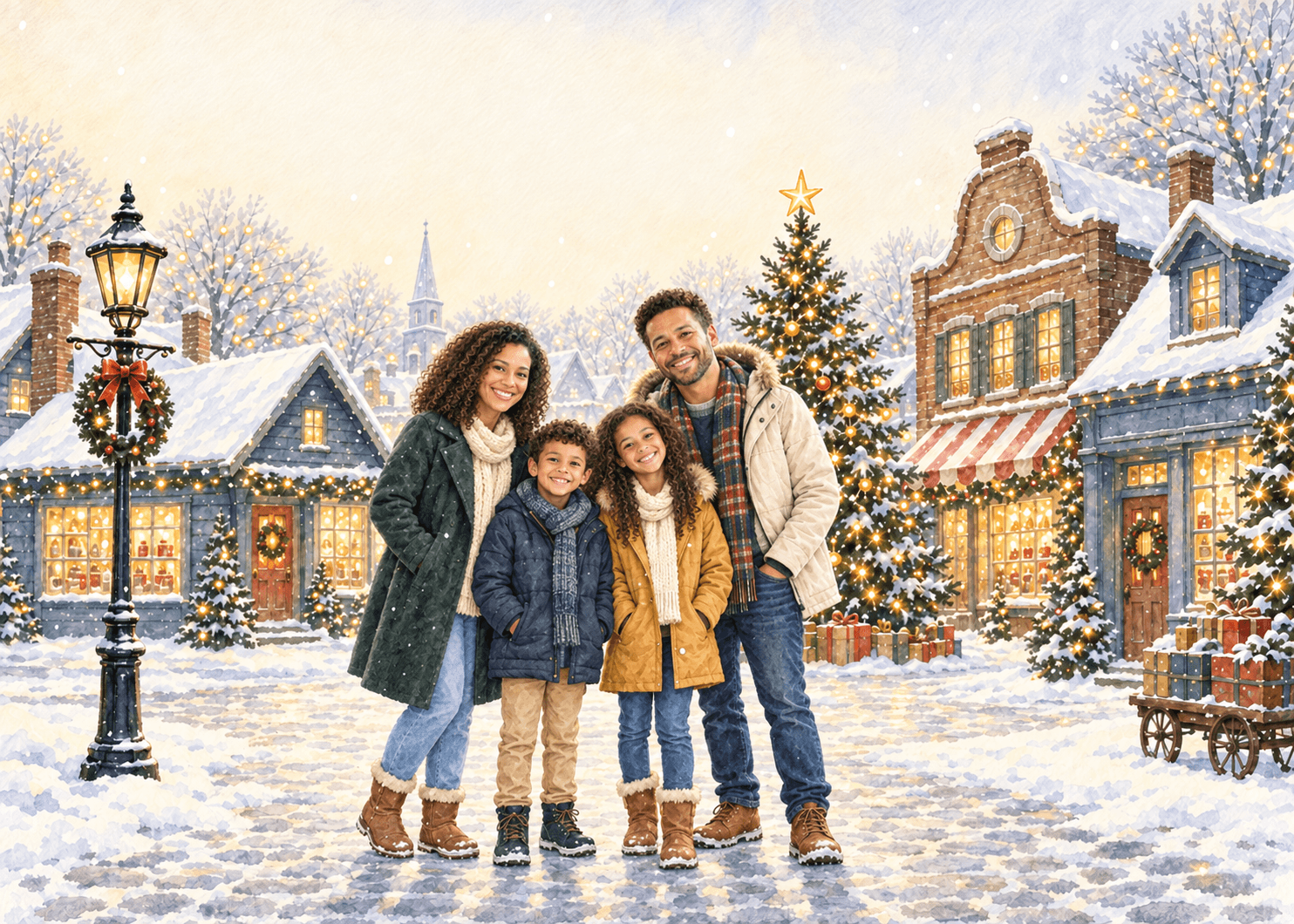 Christmas Village AI photo-card example: a family of four in the corresponding illustrated scene