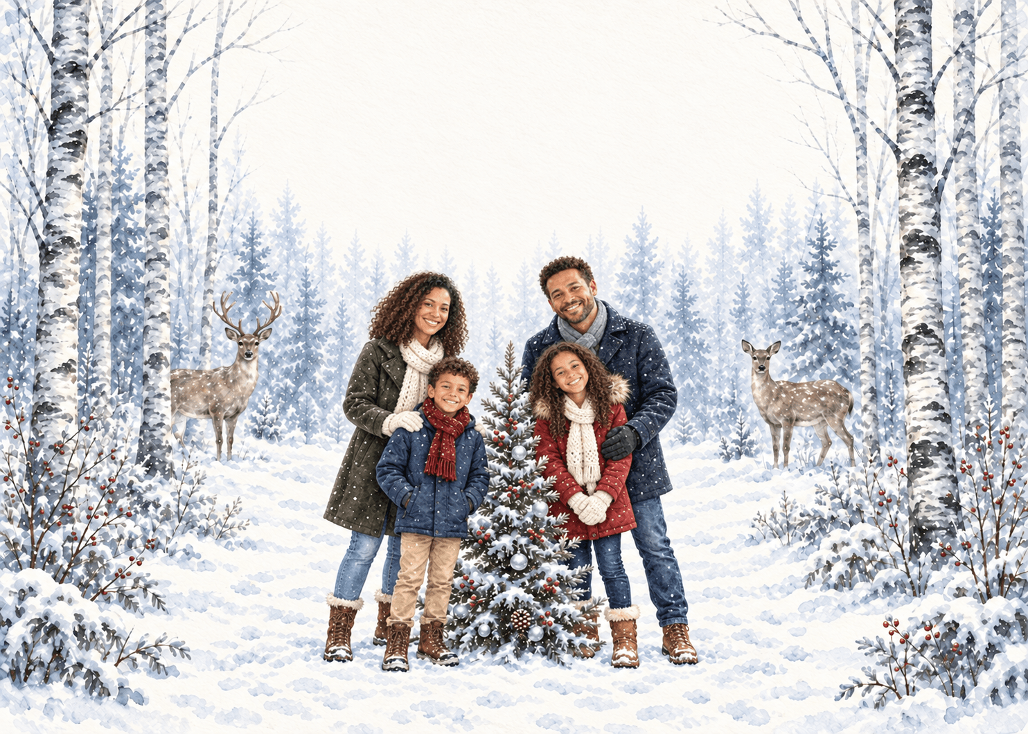 Woodland Christmas AI photo-card example: a family of four in the corresponding illustrated scene