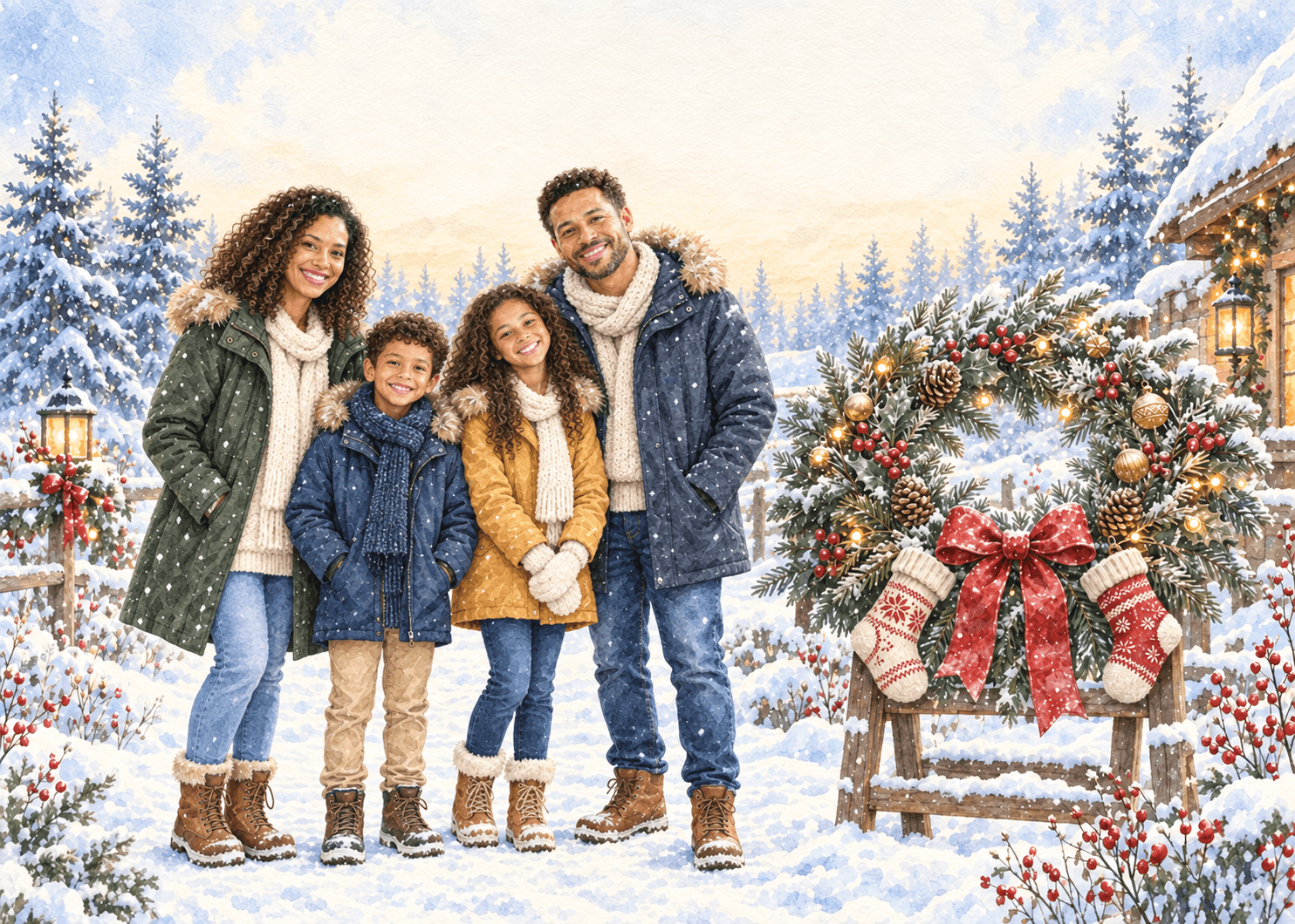 Joyful Wreath AI photo-card example: a family of four in the corresponding illustrated scene