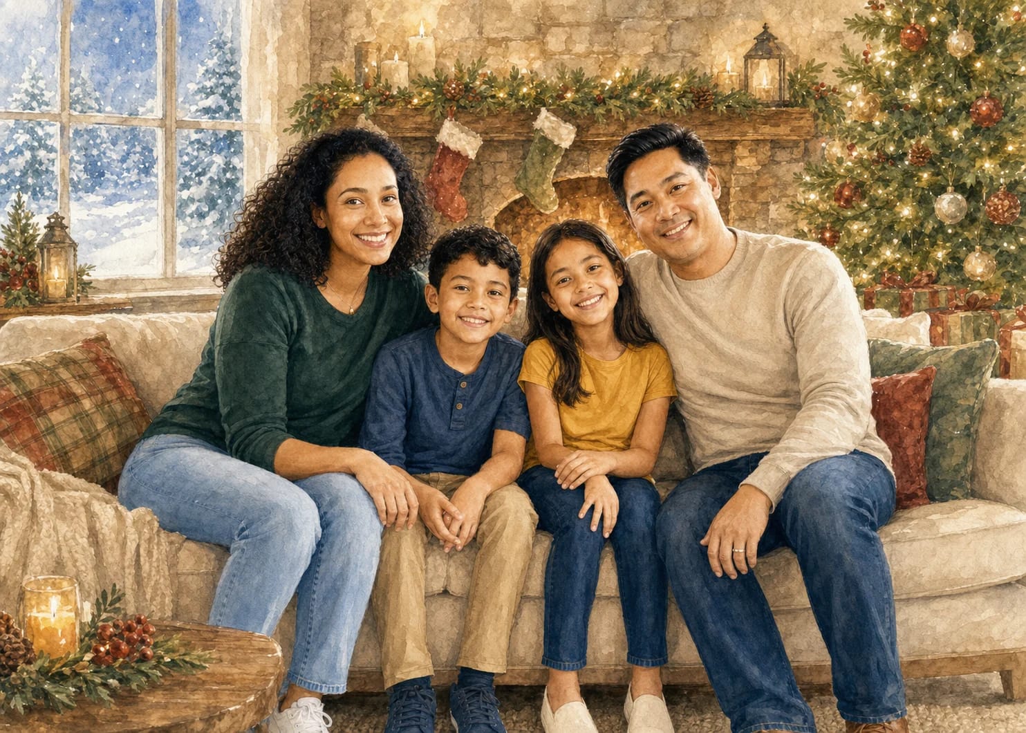 The same family photo turned into a watercolor Christmas card