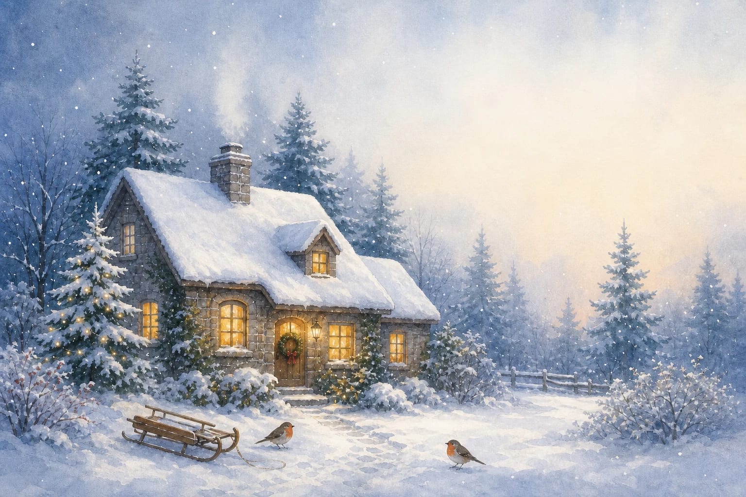 Snowy Cottage watercolor Christmas card template — a snow-covered cottage glowing under a winter sky