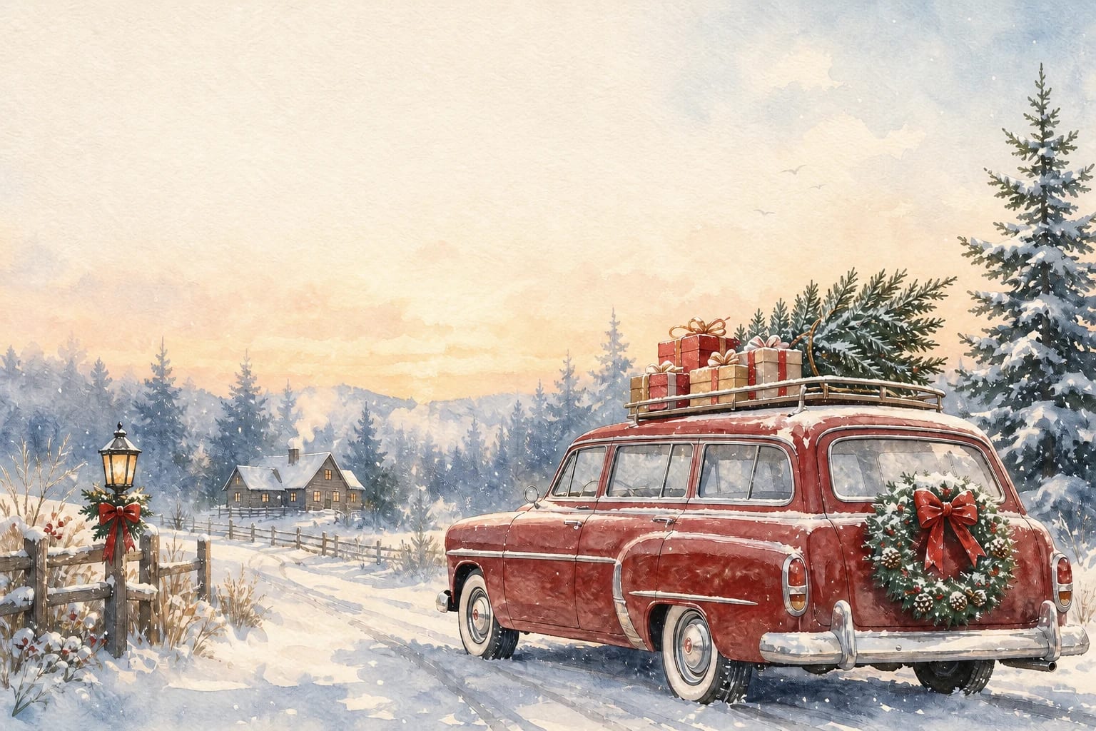 Christmas Delivery watercolor Christmas card template — a vintage delivery truck loaded with gifts and a Christmas tree