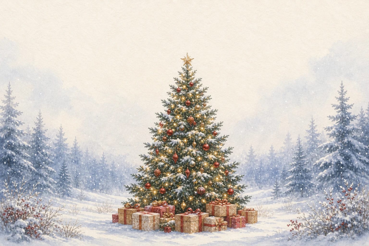 Winter Forest Tree watercolor Christmas card template — a decorated tree in a quiet snowy forest