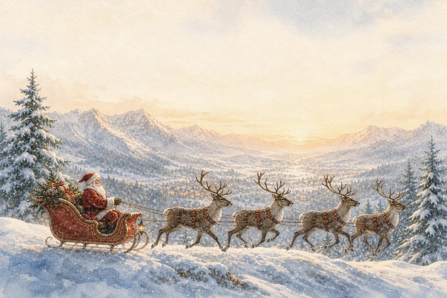 Mountain Sleigh Ride watercolor Christmas card template — a sleigh ride through snowy mountains