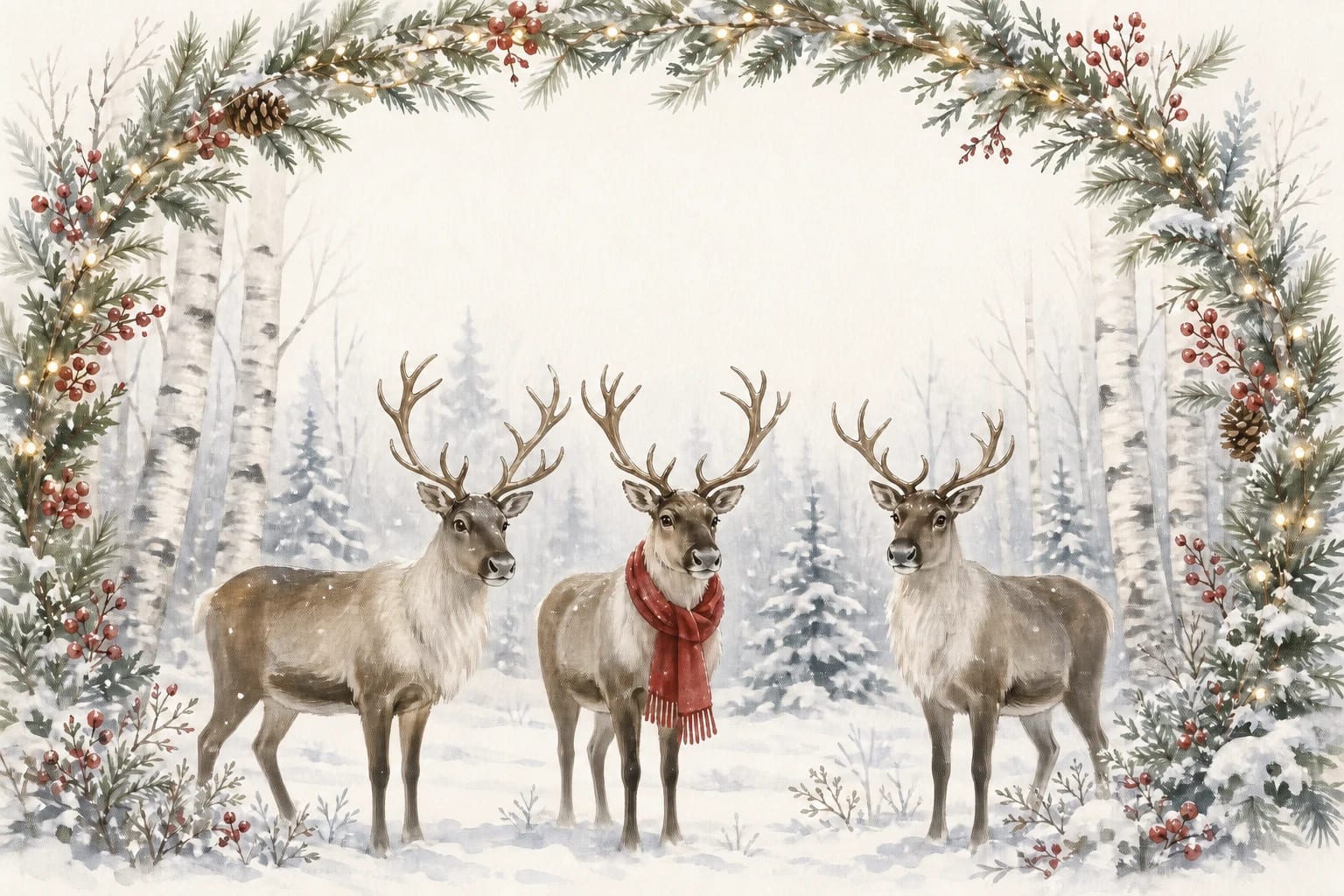 Winter Reindeer watercolor Christmas card template — a gentle reindeer in a snowy woodland clearing