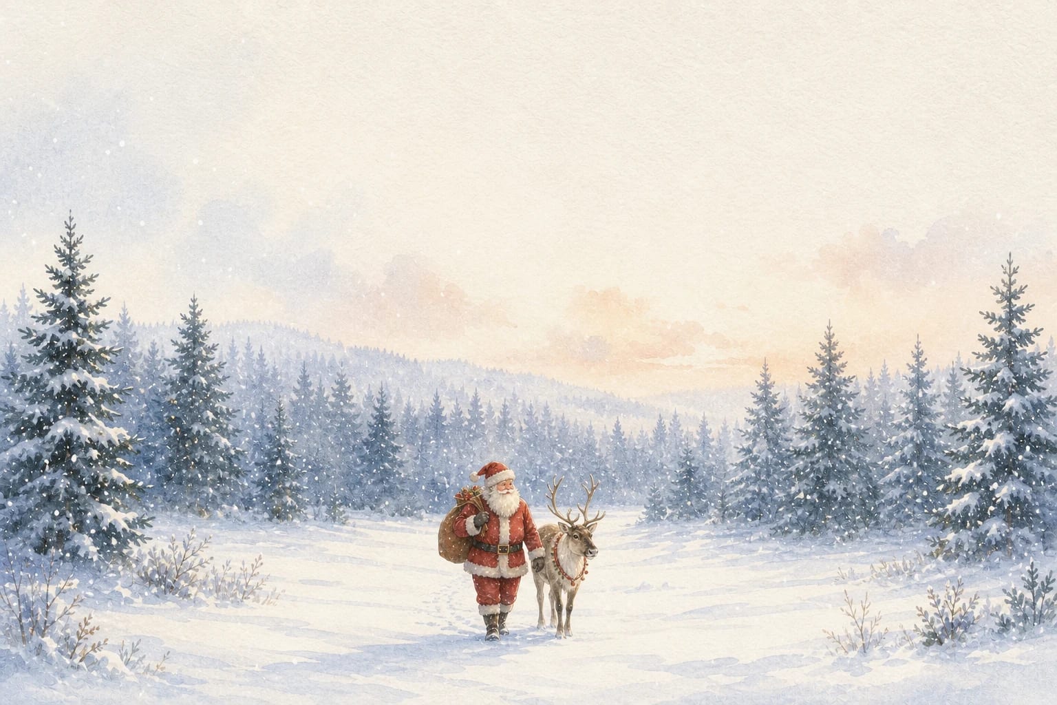 Santa's Winter Walk watercolor Christmas card template — Santa strolling with a reindeer through the snow