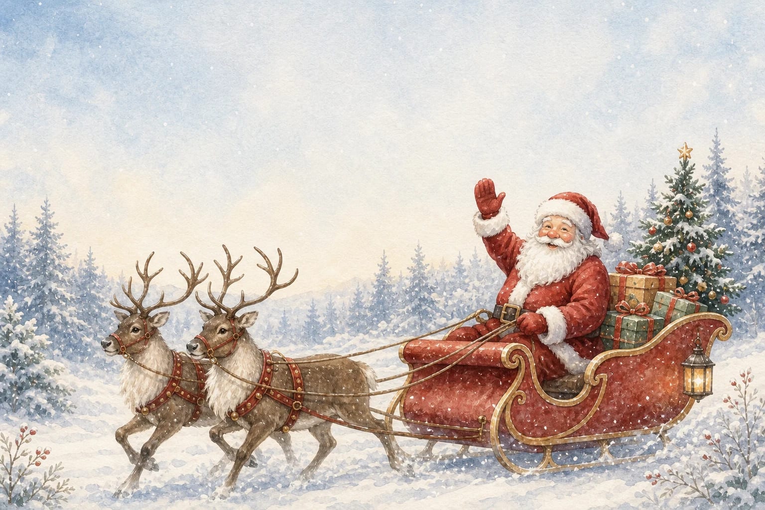 Santa's Christmas Ride watercolor Christmas card template — Santa’s sleigh soaring across a starry sky