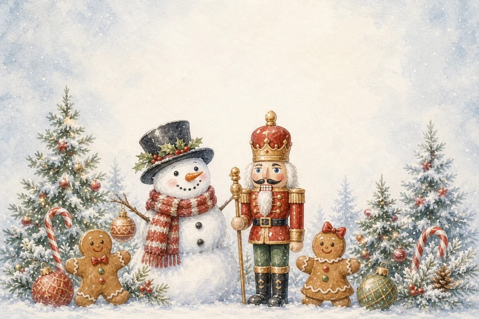 Snowman Wishes watercolor Christmas card template — a cheerful snowman in a snowy field