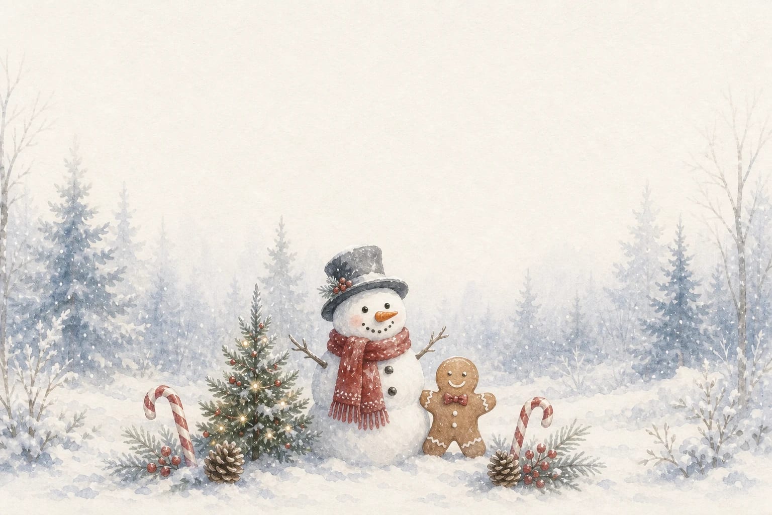Snowman in the Forest watercolor Christmas card template — a snowman among snow-laden forest trees