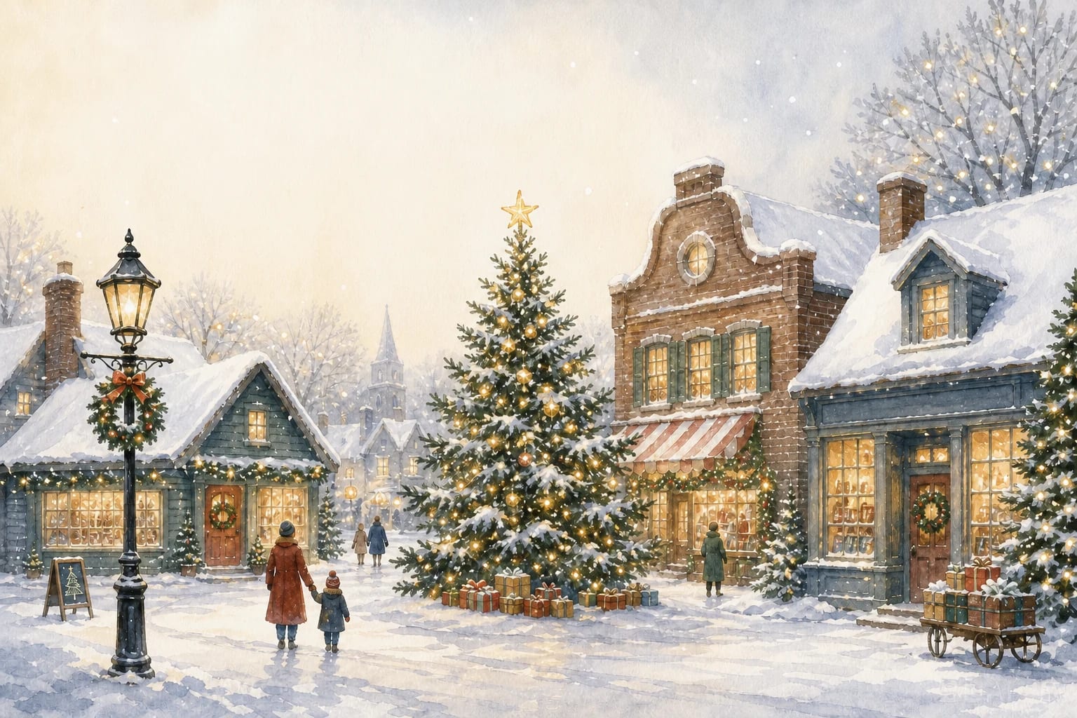 Christmas Village watercolor Christmas card template — a twinkling Christmas village at dusk