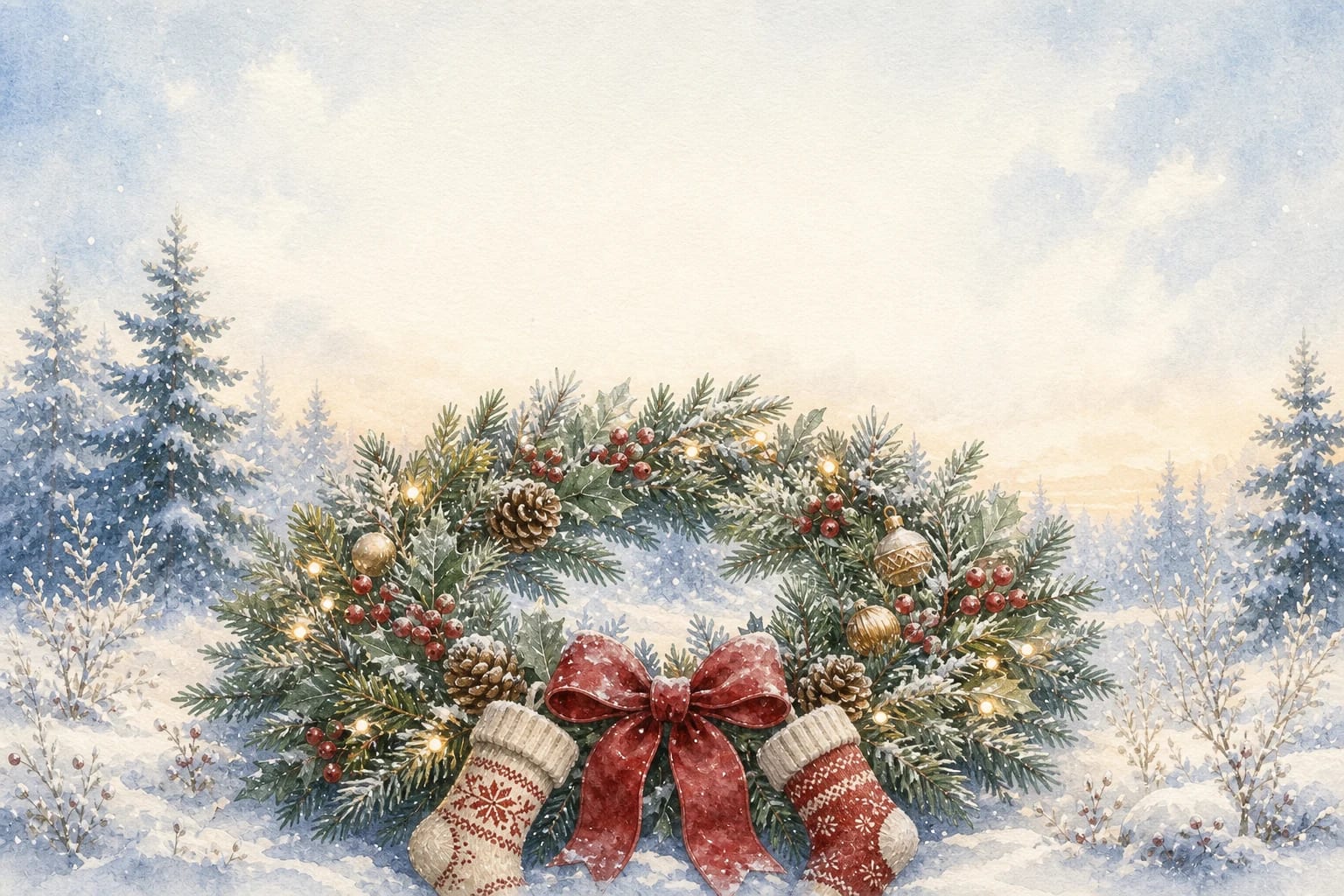 Joyful Wreath watercolor Christmas card template — a lush evergreen wreath with berries and ribbon