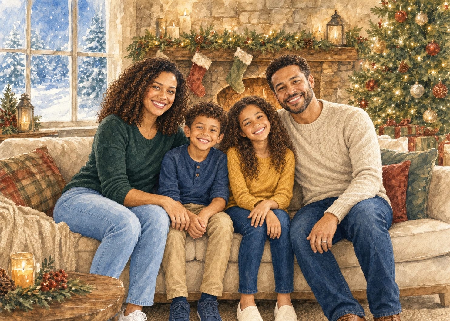 The same family photo turned into a watercolor Christmas card